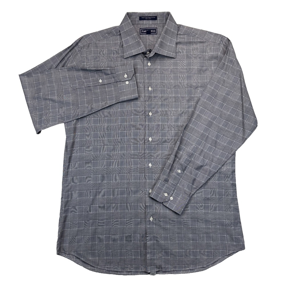 Paul Fredrick Slim Fit Grey Glen Plaid Dress Shirt Mens 17.5-35 Preppy